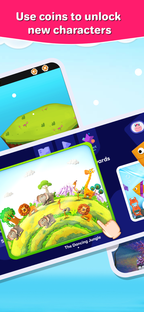 Screenshot of SplashLearn learning game showing a reward screen with a call to action to use coins to unlock new animal characters in the Dancing Jungle