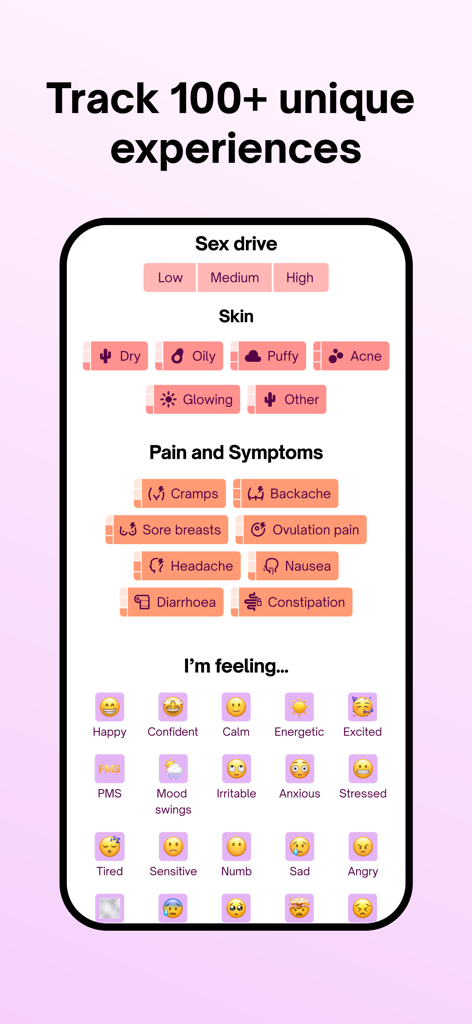Natural Cycles Fertility App - Interface de l'application Natural Cycles affichant les options de suivi des symptômes et de l'humeur