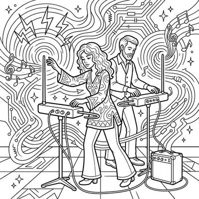 Discover the enchanting world of theremins with this unique coloring page featuring two musicians creating ethereal sounds. Unleash your creativity by adding vibrant colors to the abstract musical patterns and electronic circuits.