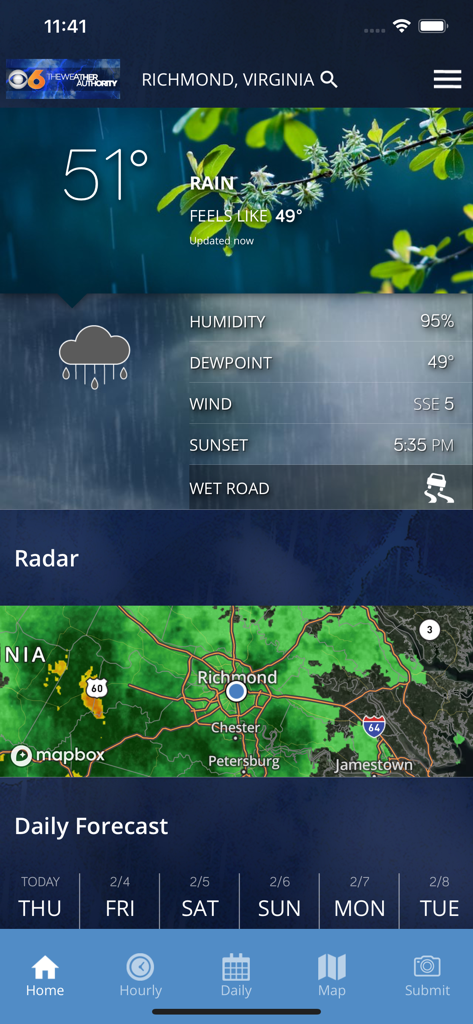 CBS 6 Richmond weather app interface showing current rain conditions and local radar map