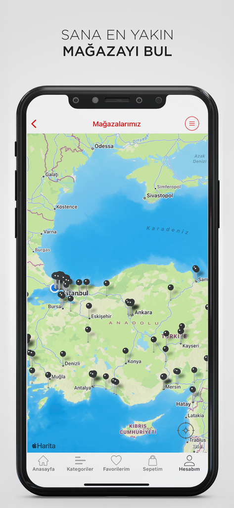 LUFIAN - Mapa localizador de tiendas de la app móvil LUFIAN mostrando ubicaciones minoristas en Turquía