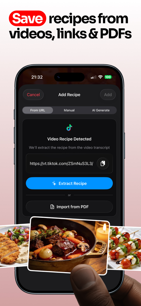 Interfaz de la aplicación Vule mostrando cómo extraer y guardar recetas de videos y enlaces de TikTok.