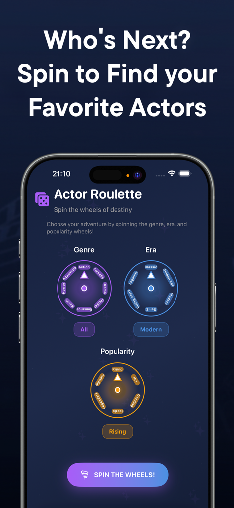 Smartphone screen showing the Actor Roulette feature with interactive wheels for genre era and popularity categories