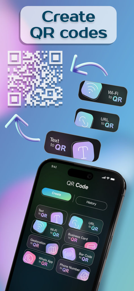 Espion SecureNet VPN - Espion SecureNet VPN app screen showing various QR code creation options like Wi-Fi URL and text
