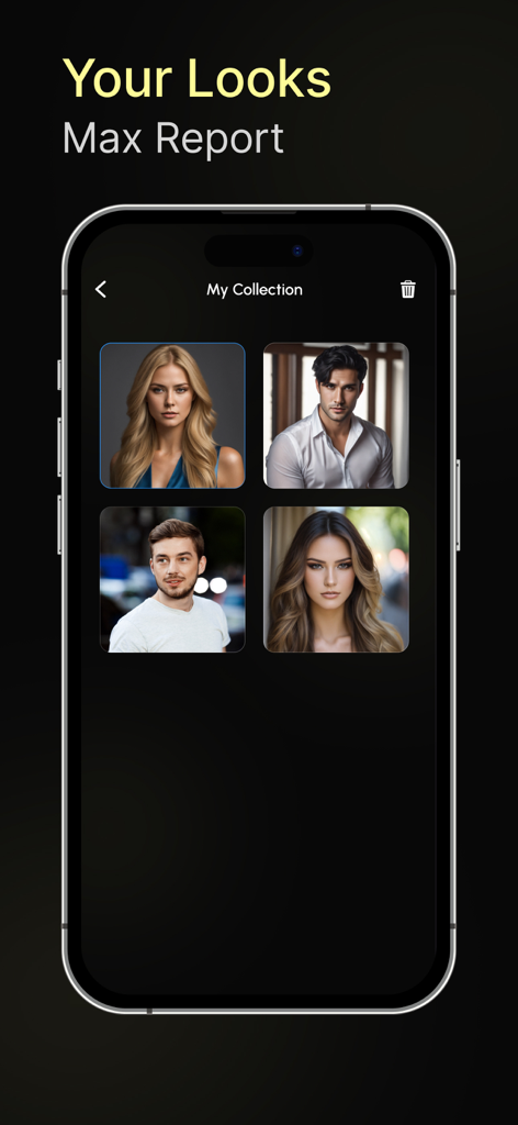 Look AI : Get Your Face Score - ルックスマクシングレポート用に分析された顔写真のコレクションを表示するLook AIアプリの画面