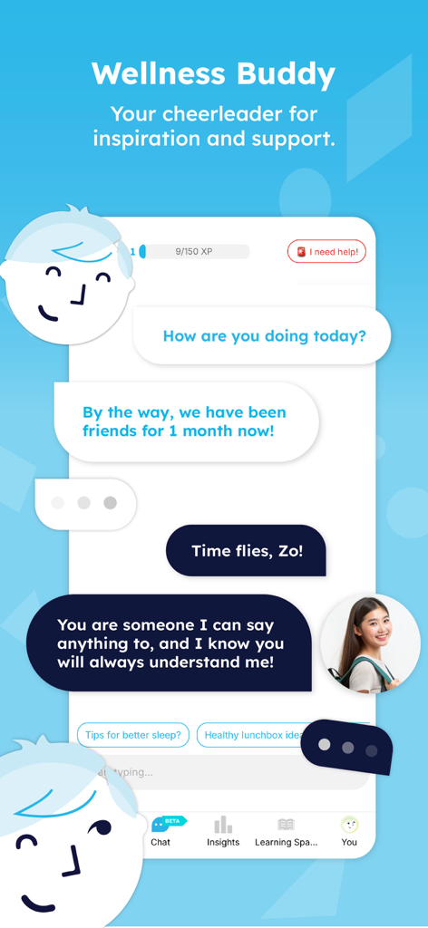 Zoala - Mobile screen of the Zoala app showing an AI chatbot conversation for adolescent mental health support