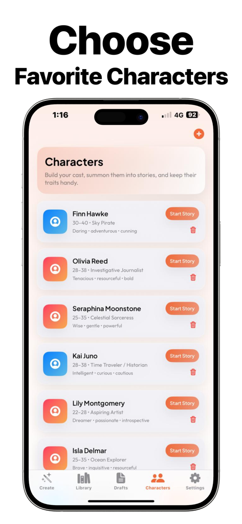 Novel AI - Story Generator - La interfaz de gestión de personajes de la aplicación Novel AI que muestra una lista de personajes con sus nombres, roles y rasgos junto a botones para iniciar una historia.