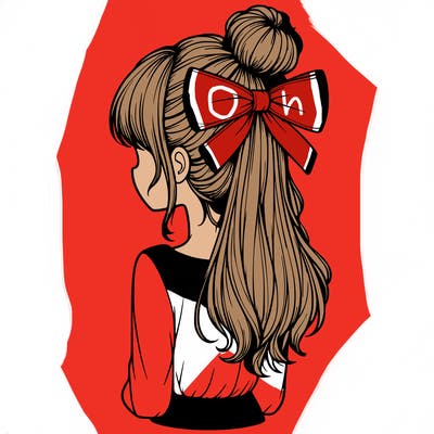 realistic girl  with hip length hair a bun and a big bow on the back of head