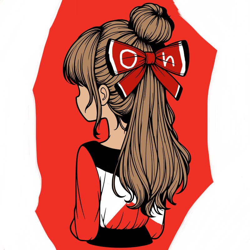 realistic girl  with hip length hair a bun and a big bow on the back of head