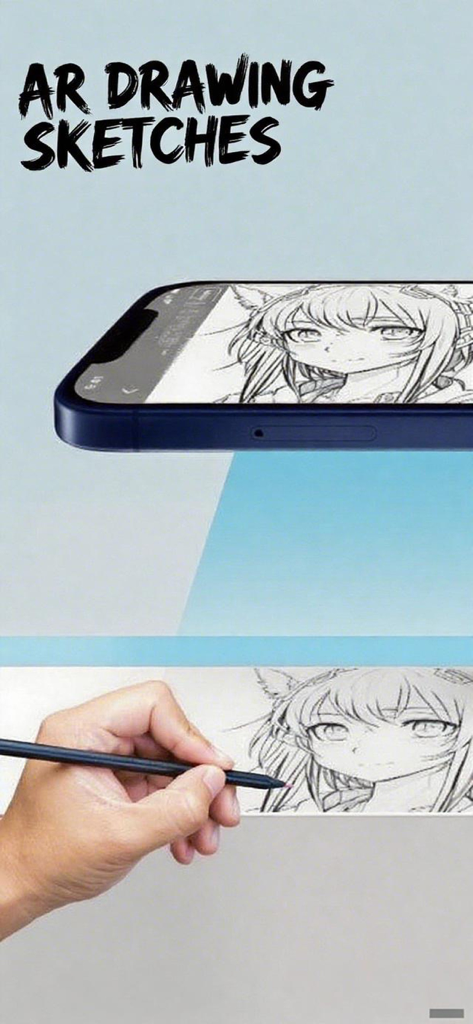 User tracing an anime sketch onto paper using the AR Drawing app on a mobile phone