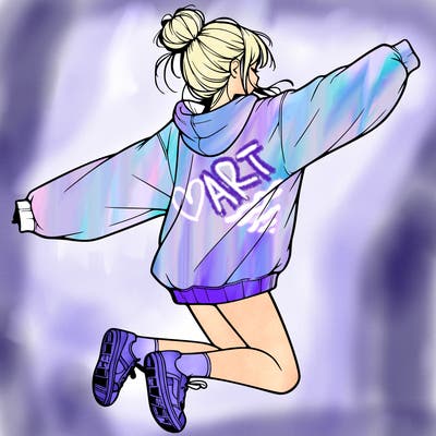 realistic girl jumping with a bun and oversized sweatshirt