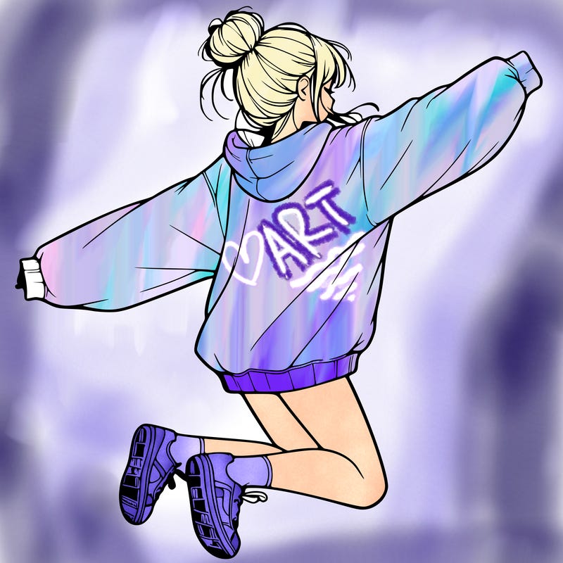 realistic girl jumping with a bun and oversized sweatshirt