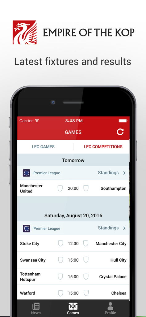 Empire of the Kop - Empire of the Kop mobile app showing latest Premier League fixtures and match results