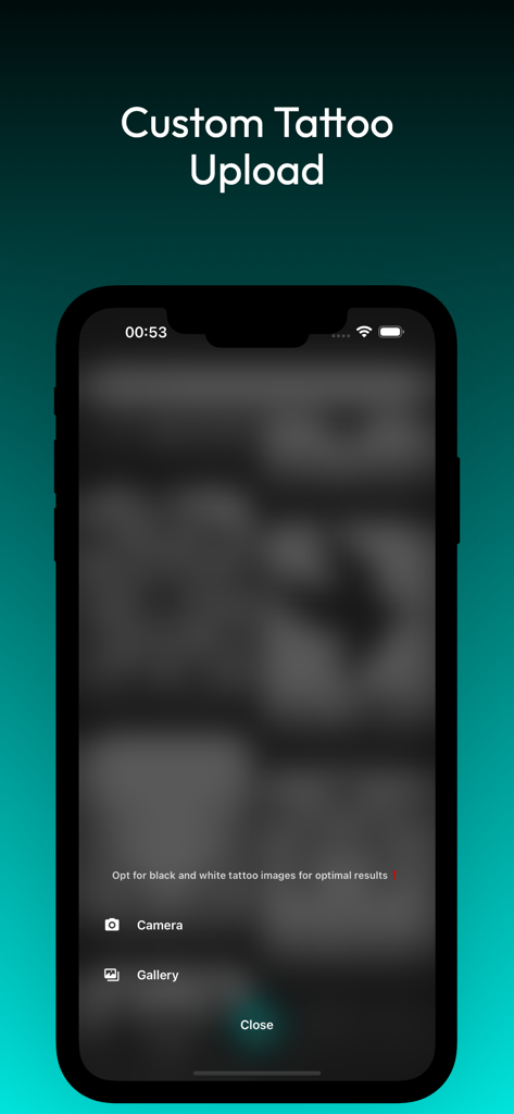 TattooTune Mobile App-Oberfläche, die die Funktion zum Hochladen eigener Tattoos zeigt