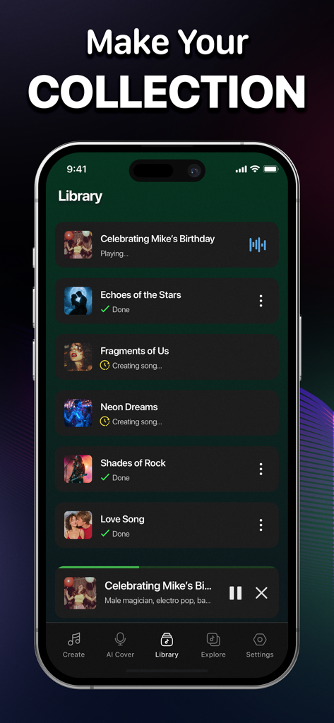 Beatz: AI Song・Cover Generator - The library screen of the Beatz AI app showing a collection of generated songs with titles and playback controls.