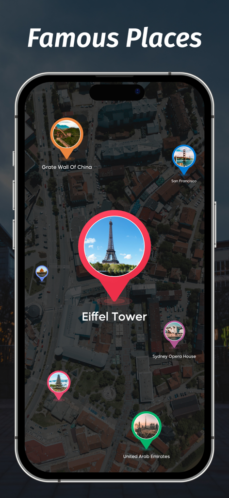 Street View Map Watch 3D View - Mobile app interface displaying famous global landmarks as interactive pins on a satellite map view