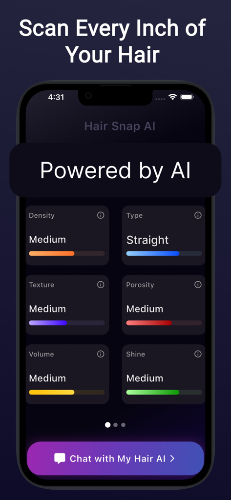 Mobile app interface of HairSnap showing AI hair health analysis with metrics for density texture and volume