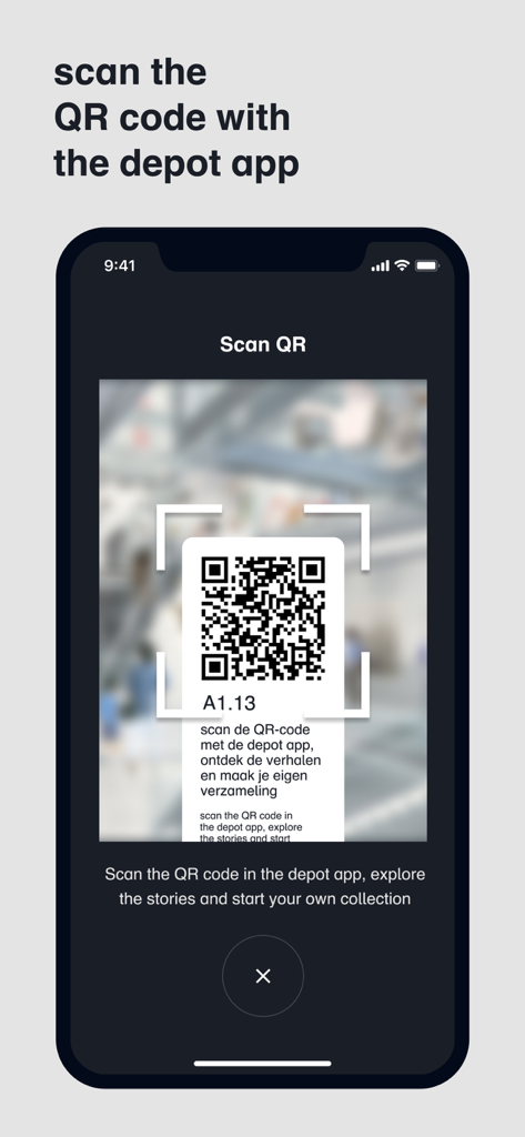 Depot Boijmans - 美術館のアートワーク情報を取得するためのQRコードスキャナーを表示するデボット・ボイマンスアプリのインターフェース