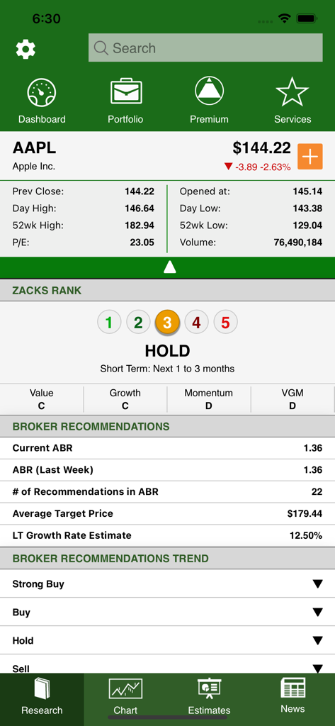 Zacks Mobile App - Zacks Mobile App interface showing Apple Inc stock data and Zacks Rank hold rating