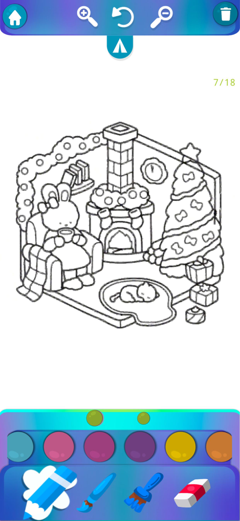 Cozy & Comfy Coloring Book - 暖炉のそばでお茶を飲むウサギとクリスマスツリーのある居心地の良い部屋を示すデジタル塗り絵