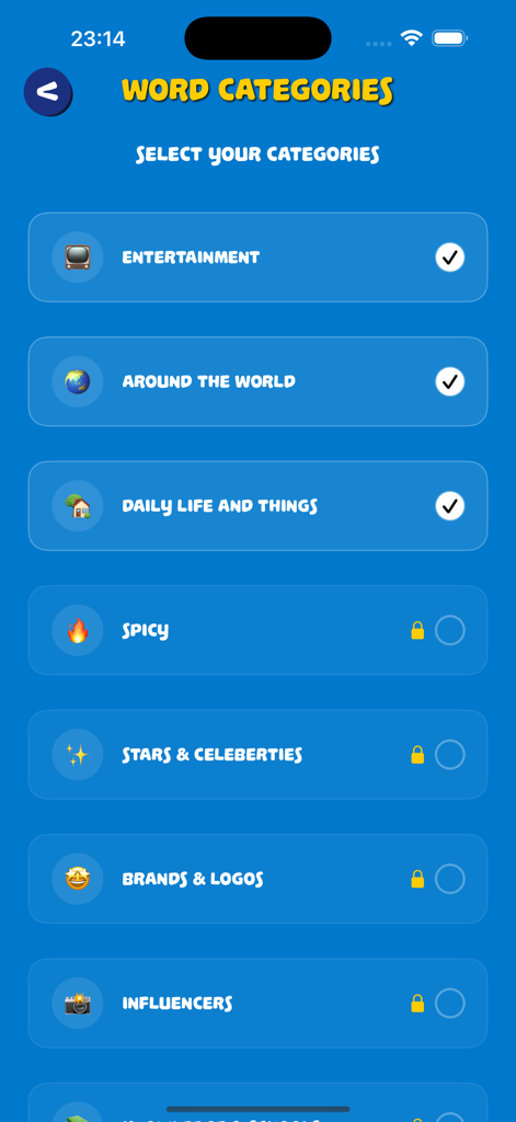 Cluso – Find the Impostor - Pantalla de selección de categorías de palabras en la aplicación de juego de deducción social Cluso que muestra opciones como 'Entretenimiento' y 'Por todo el mundo'.