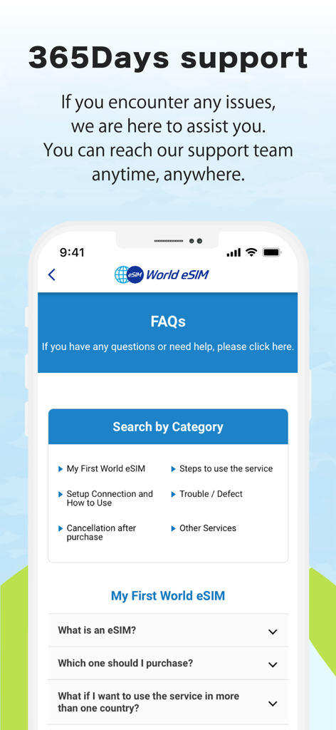 FAQ- und Kundensupport-Seite der World-eSIM App für internationale Reisen