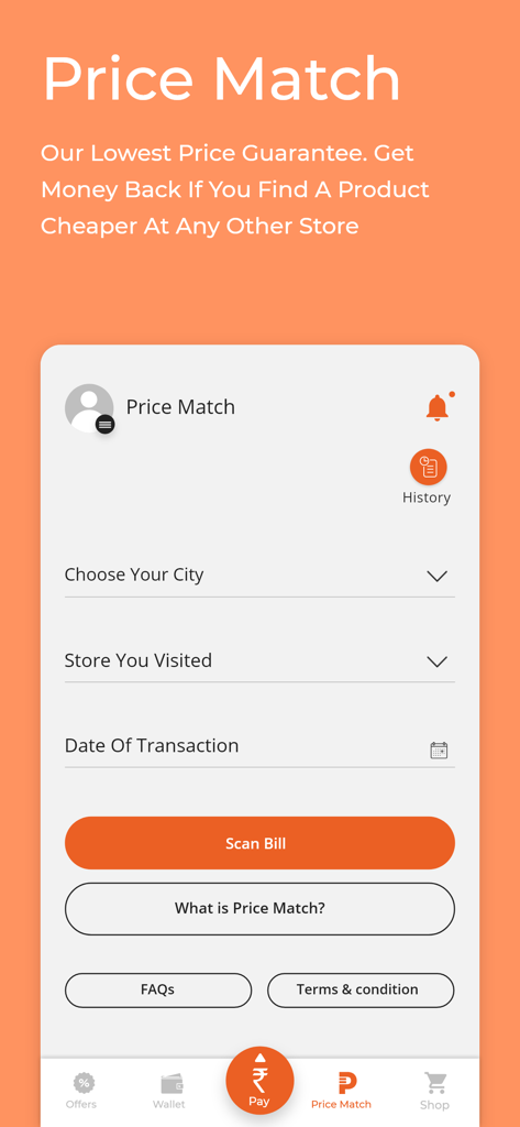 Future Pay - Price Match screen in the Future Pay app showing the lowest price guarantee and scan bill option for shoppers
