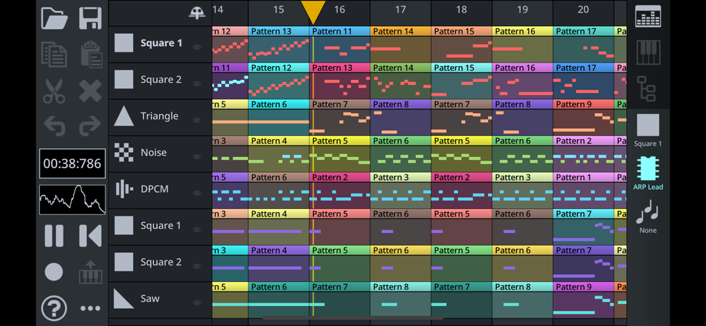 FamiStudio - FamiStudio interface showing a multi-track 8-bit chiptune music sequencer with colorful patterns