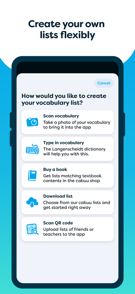 cabuu - Learn vocabulary - A mobile interface showing five options to create vocabulary lists in the cabuu app including scanning and typing
