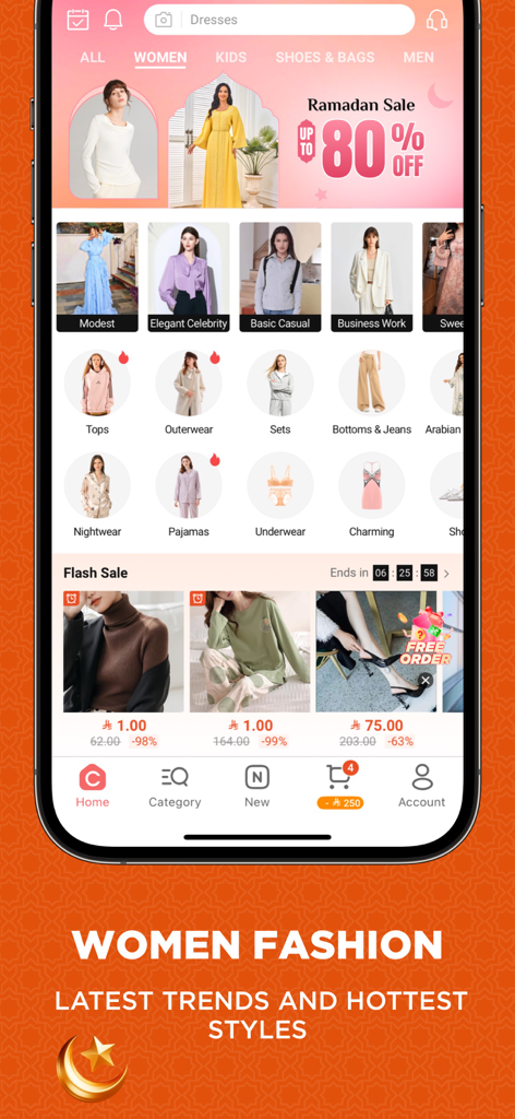 Chicpoint - Fashion shopping - Página de inicio de la aplicación ChicPoint para moda femenina que muestra categorías como ropa modesta y casual con un banner de rebajas de Ramadan