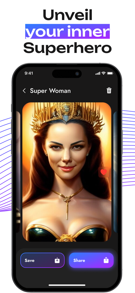 Avatarro - AI Art Avatar Maker - A mobile screen showing a woman transformed into a superhero using the Avatarro AI avatar maker