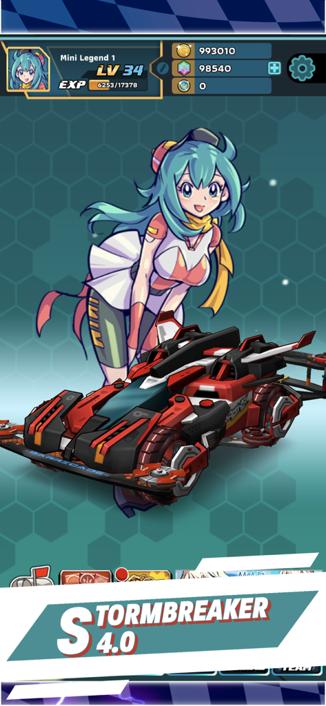 Mini Legend game interface with a custom red 4WD car and an anime character