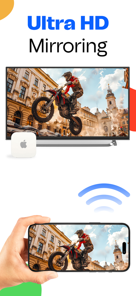 A smartphone wirelessly mirroring a high definition motorcycle video to a large television screen