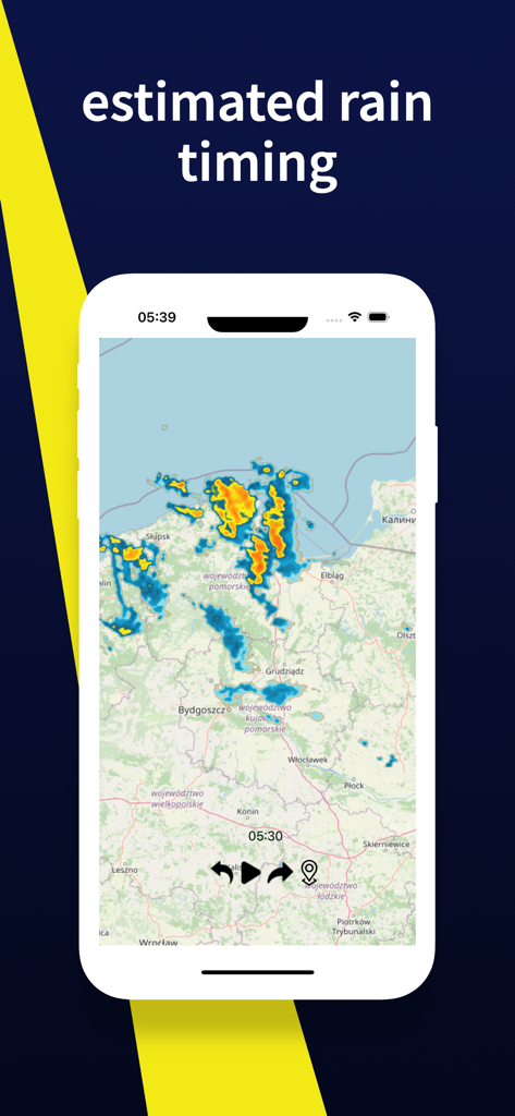 RainRadar24: Rain Monitoring - Pantalla de smartphone que muestra un mapa de radar de lluvia con el tiempo estimado de lluvia