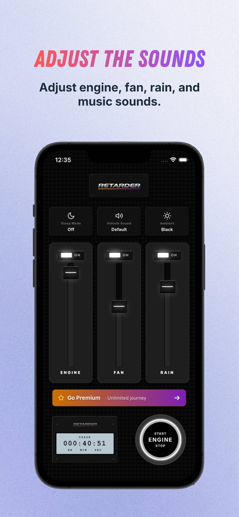 Retarder: Bus sounds - Interfaz de aplicación móvil con controles deslizantes de volumen para ruidos ambientales de motor, ventilador y lluvia sobre un fondo oscuro.