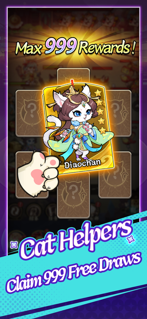 Cat Hero:GO - Cat Hero GO mobile game screenshot showing 999 free rewards and a cute Diaochan cat character card