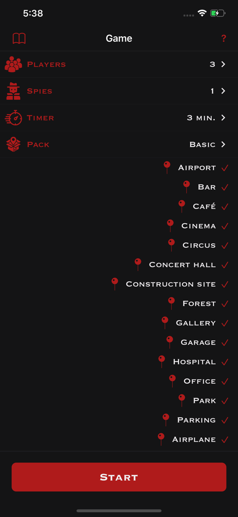 Spy - Écran de configuration du jeu pour l'application Spy montrant les paramètres pour les joueurs, les espions, le minuteur et une liste de lieux.