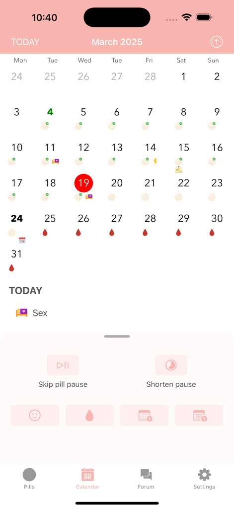 BC Pill Reminder app calendar view tracking daily pill intake and menstrual cycle symptoms