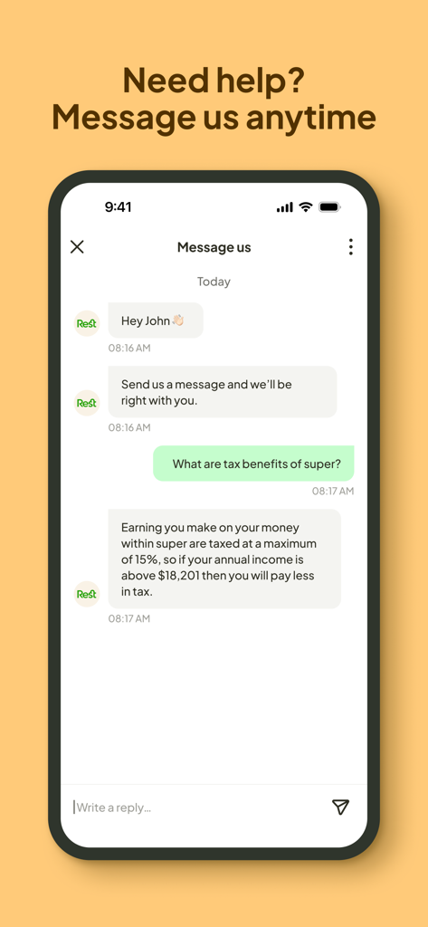 A mobile screen showing the Rest Super app messaging interface with a customer support chat about tax benefits.