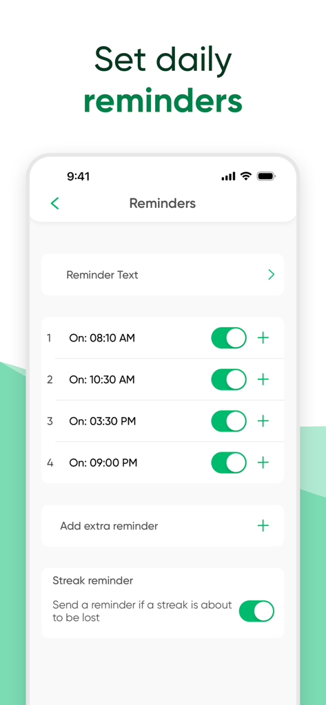Kegel Trainer PFM Exercises - Pantalla de la aplicación de iPhone que muestra recordatorios diarios programados para ejercicios del suelo pélvico