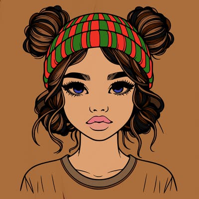 realistic girl with buns in her hair with a beanie on