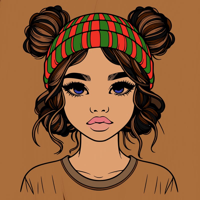 realistic girl with buns in her hair with a beanie on