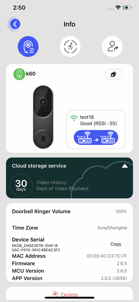 Interfaz de la aplicación LiveHome mostrando la configuración del timbre con video y detalles del dispositivo
