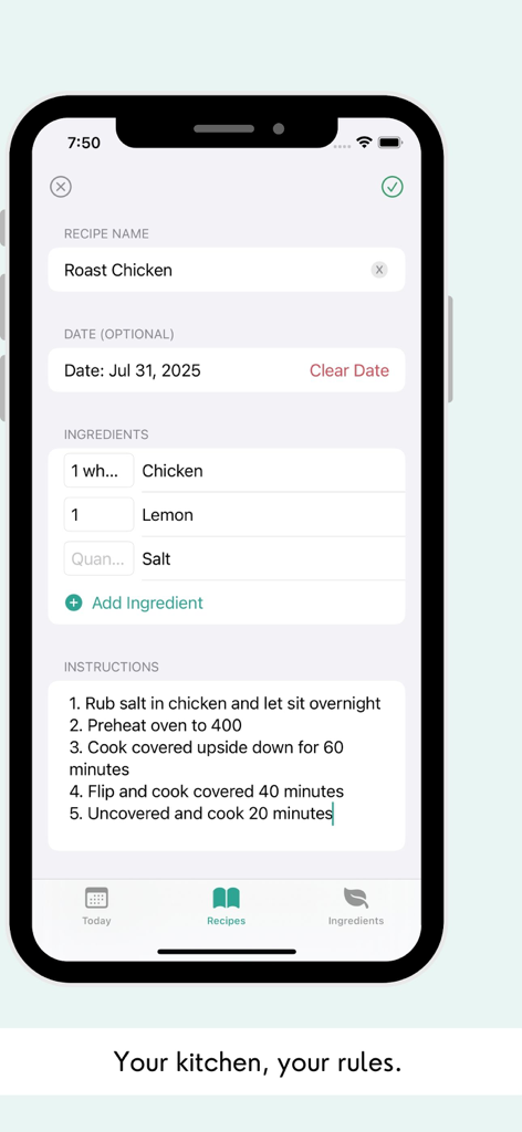 Zest Recipe Planner - Zest 레시피 플래너 화면, 맞춤 로스트 치킨 레시피의 단계 및 재료 표시