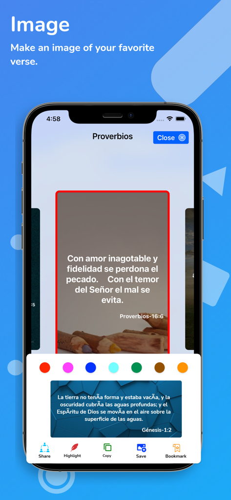 Holy Bible Reina Valera +Audio - Mobile app interface showing a tool to create and share custom Bible verse images in Spanish