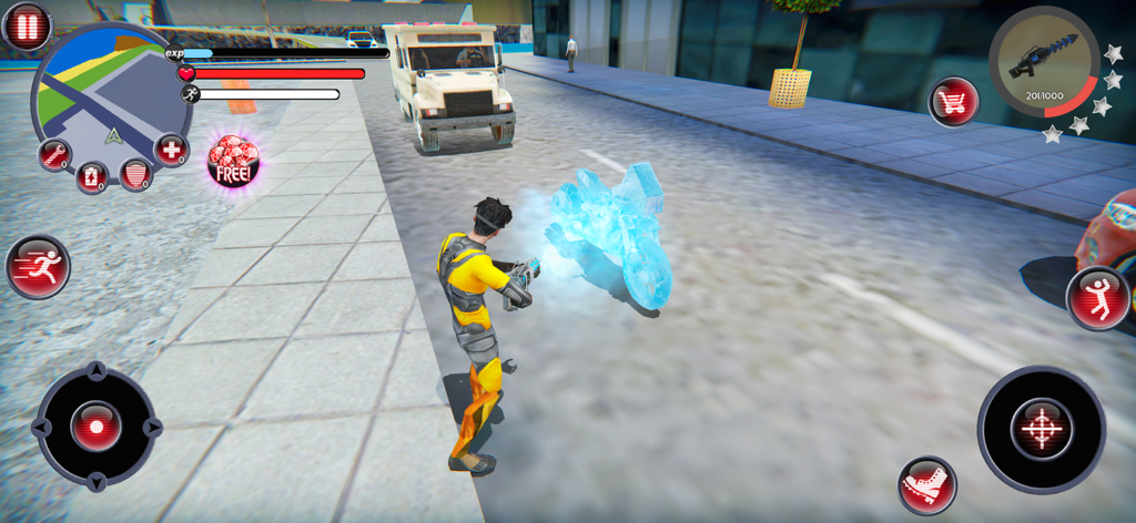 A character in a yellow superhero suit using a freeze ray gun on a motorcycle in an open world city.