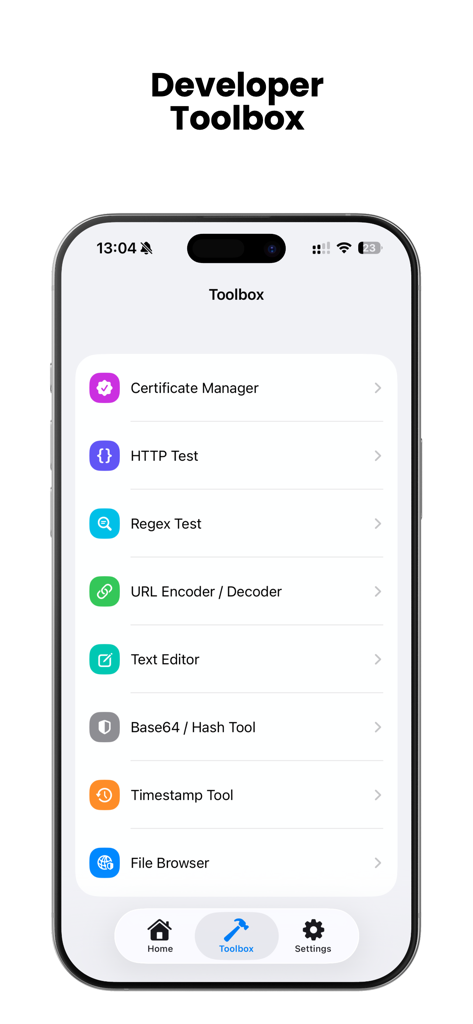 PacketPro app screen showing the Developer Toolbox with utilities like Regex Test and HTTP Test.