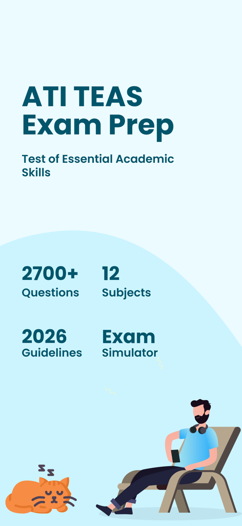 Pantalla de inicio de la aplicación ATI TEAS Exam Prep 2026 que muestra funciones del examen como más de 2700 preguntas y un simulador de examen