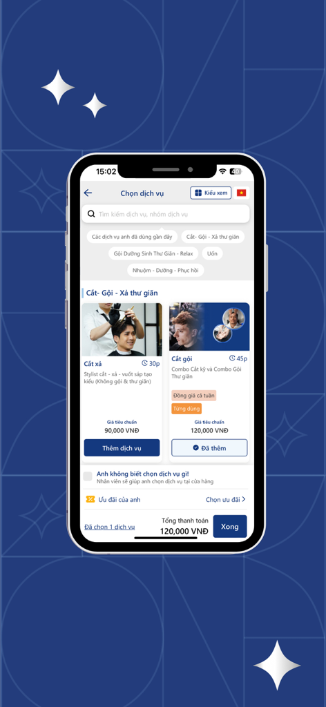 A smartphone screen displaying the 30Shine app service selection for men's haircut and grooming