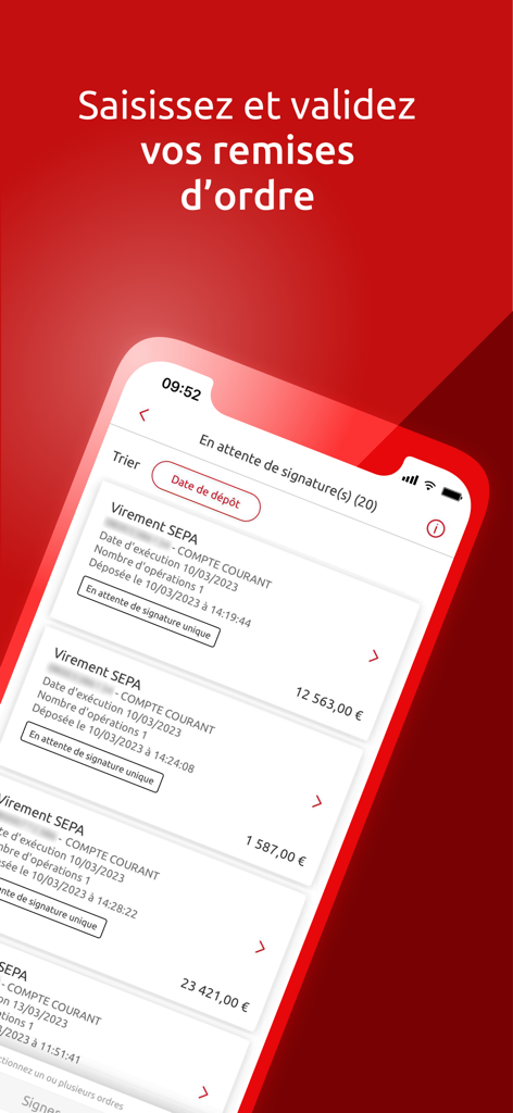 CE net – Caisse d’Epargne - Interface de l'application Caisse d'Epargne CE net montrant les ordres de virement SEPA en attente de signature.